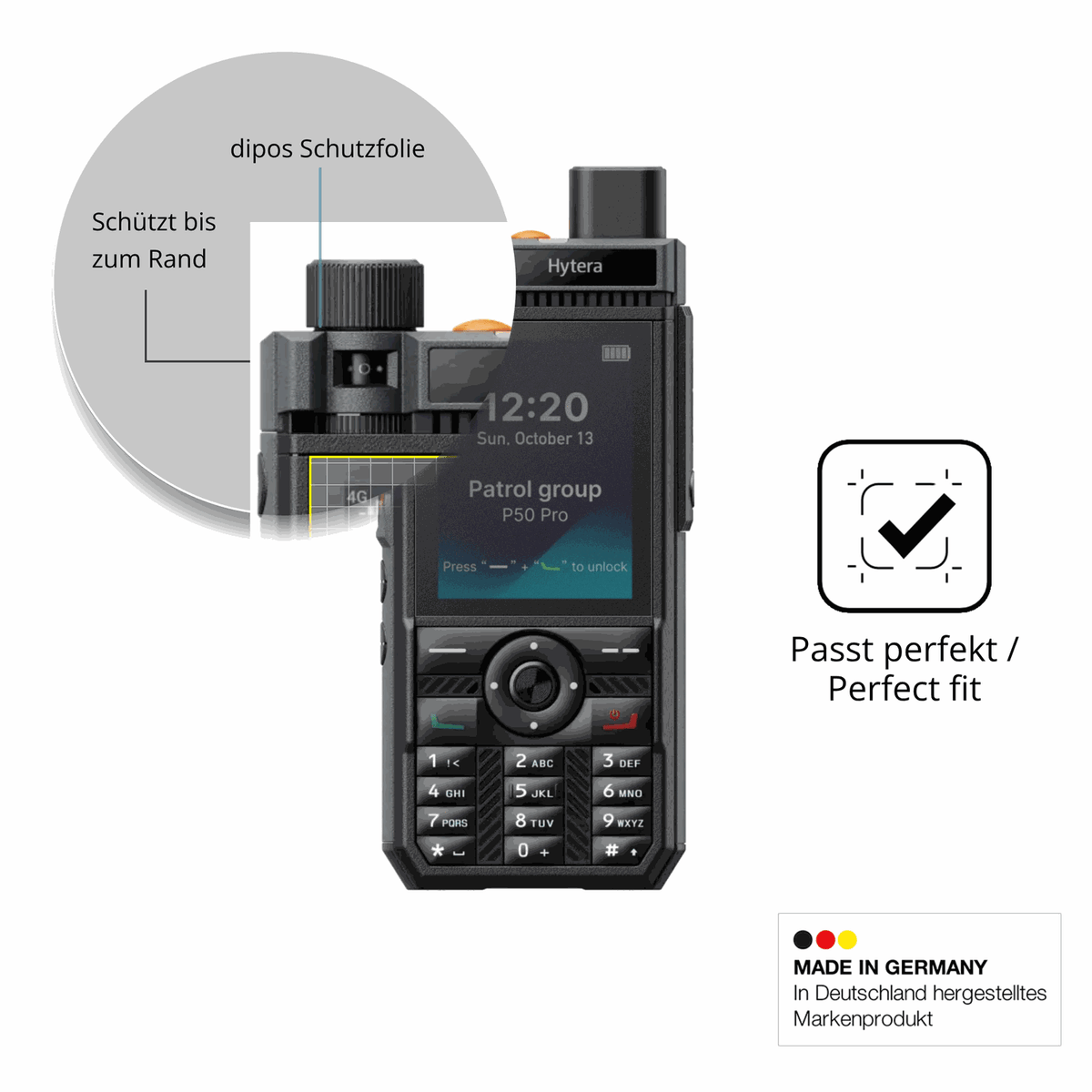 Schutz gegen Kratzer auf dem Hytera P50 Pro Glas durch Schlüssel oder Ähnliches