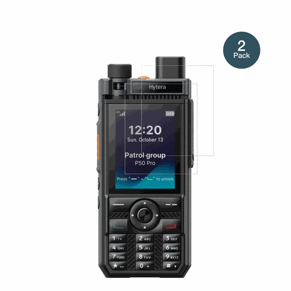HyteraP50 Pro mit aufgebrachter dipos Flex Schutzfolie, glasklare Darstellung ohne Einschränkungen