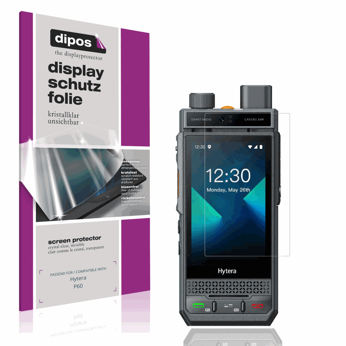 Klare Displayschutzfolie von dipos passend für Hytera P60, präziser Zuschnitt und blasenfrei montiert