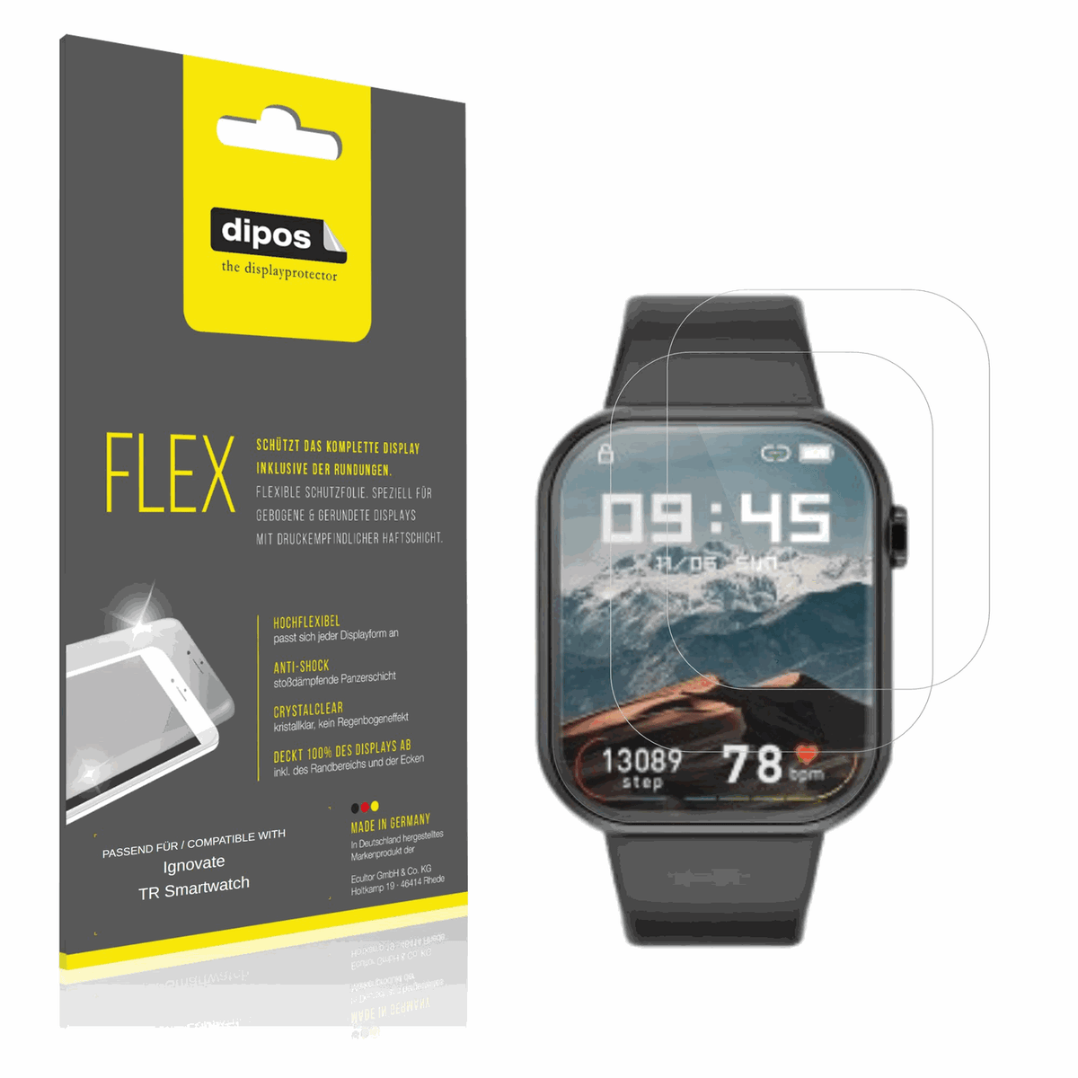 Klare Displayschutzfolie von dipos passend für ignovatetr smartwatch, 100% Displayabdeckung und blasenfreie Montage