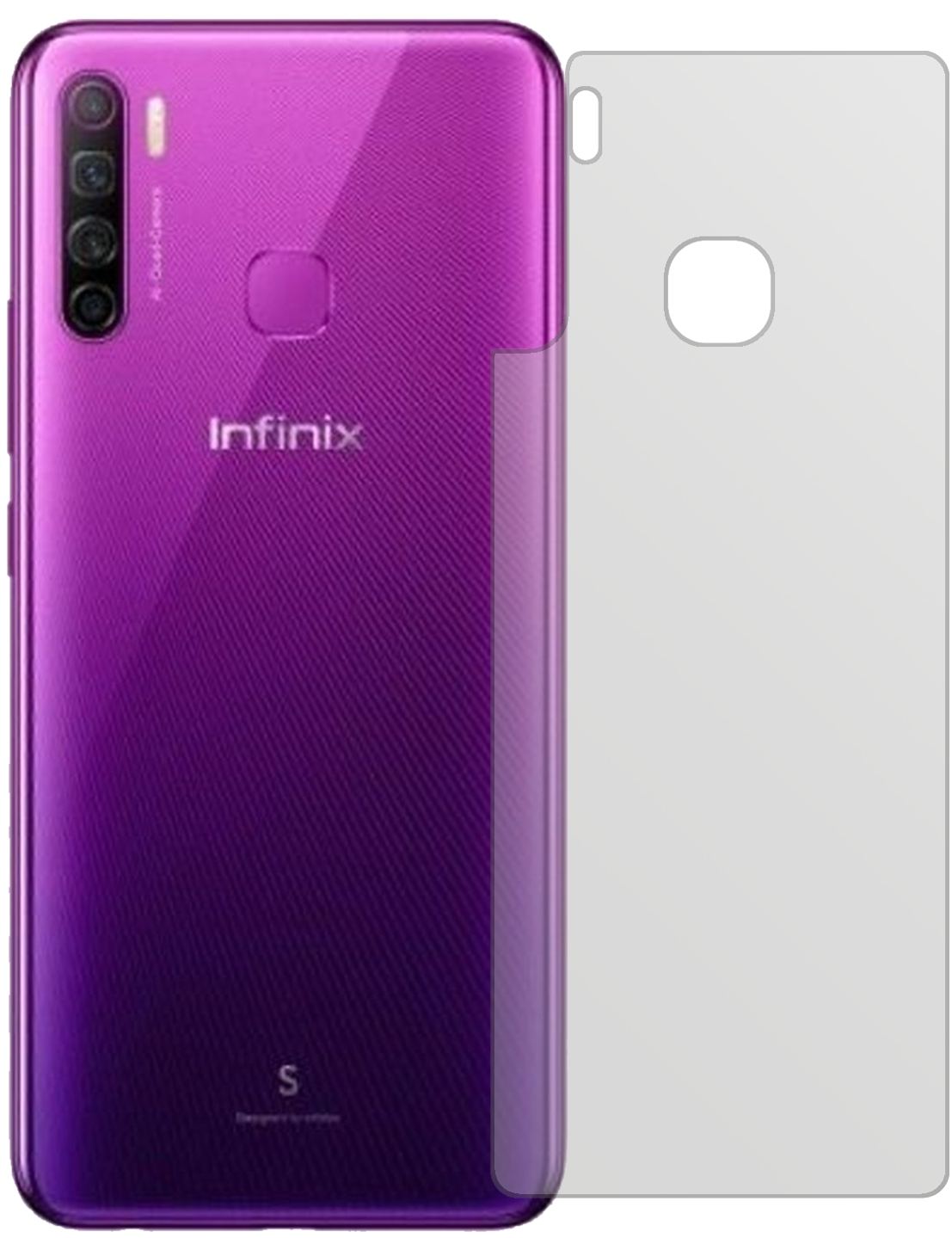 InfinixS5 Lite Rückseite mit aufgebrachter dipos Displayschutzfolie, die lästige Fingerabdrücke minimiert