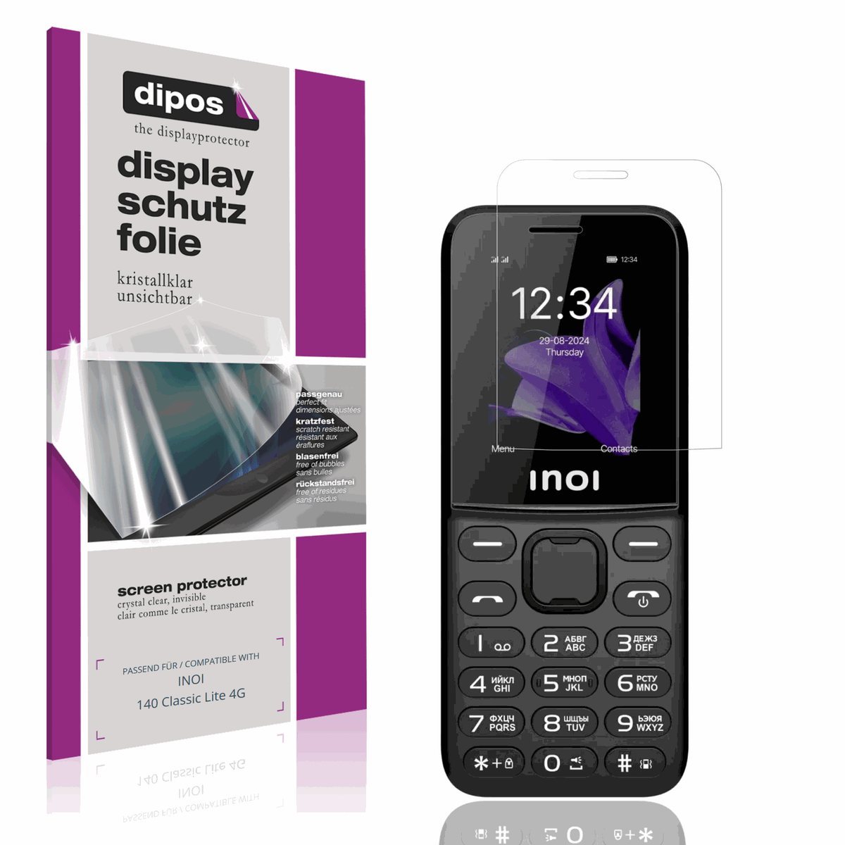 Klare Displayschutzfolie von dipos passend für INOI 140 Classic Lite 4G, präziser Zuschnitt und blasenfrei montiert