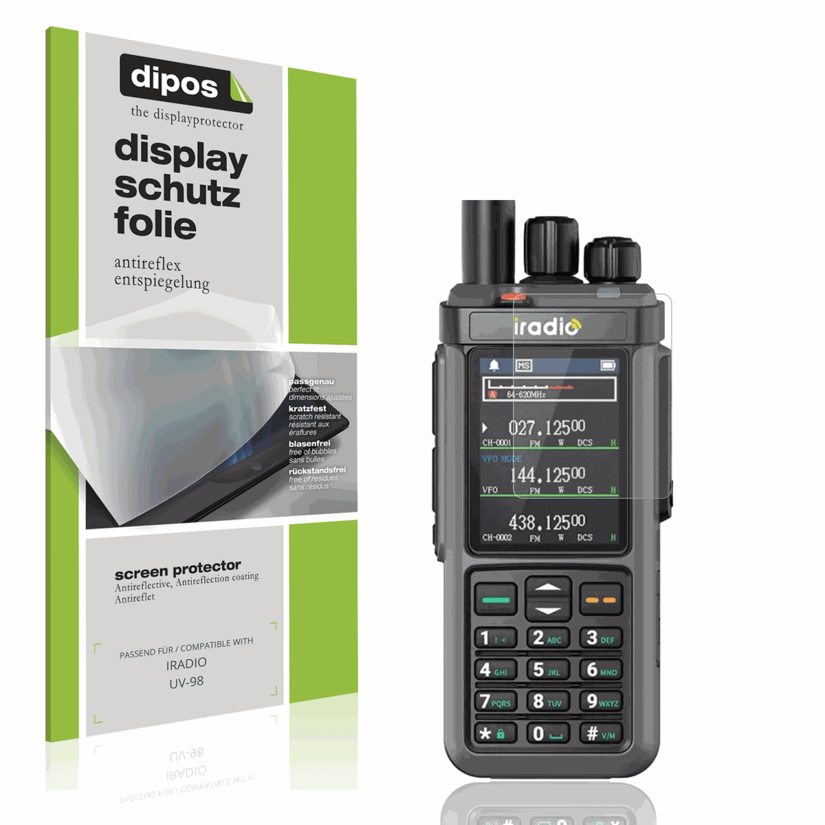 Matte Displayschutzfolie von dipos passend für IRADIO UV-98, präziser Zuschnitt und blasenfrei montiert