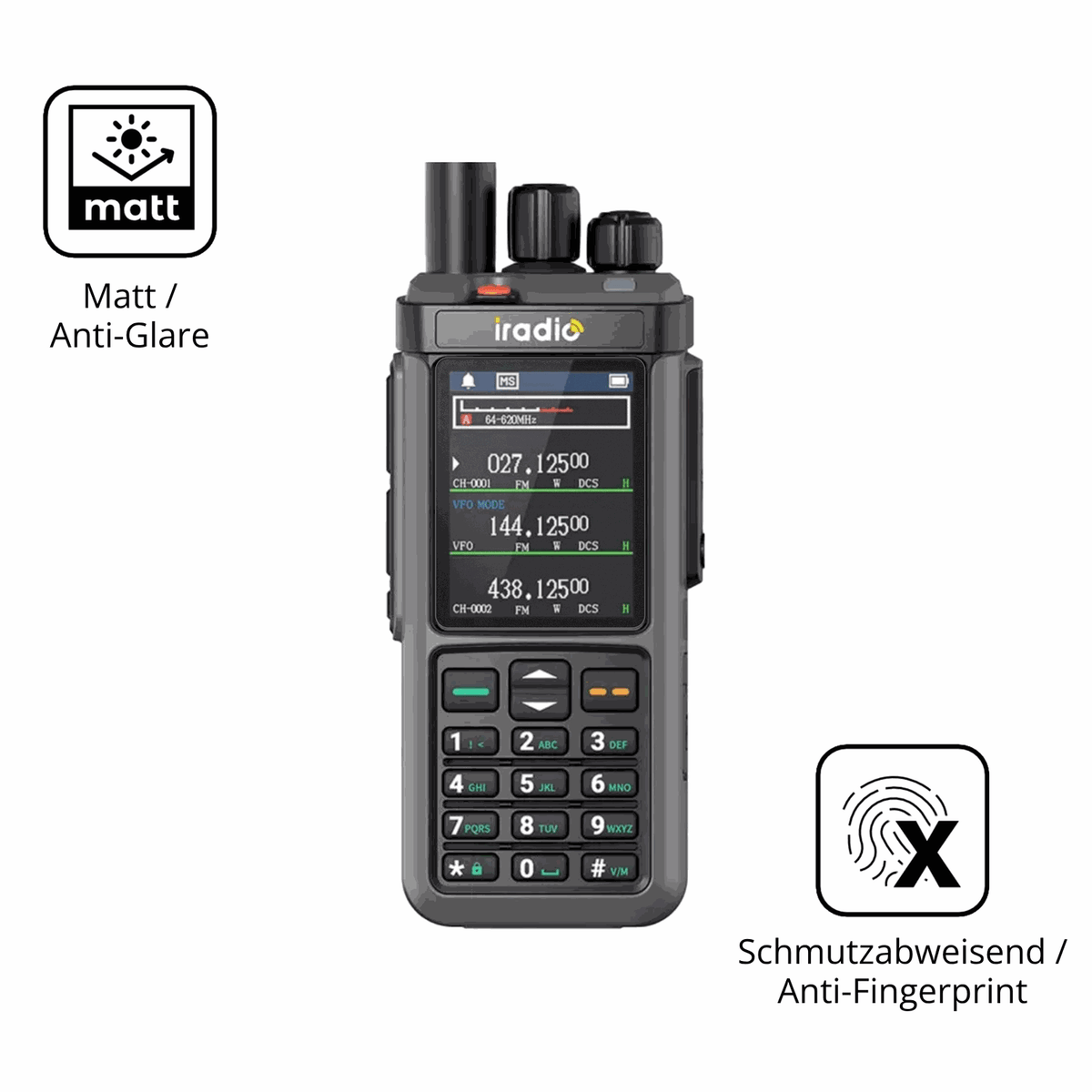 Dünne und entspiegelnde Folie passend zugeschnitten für IRADIO UV-98