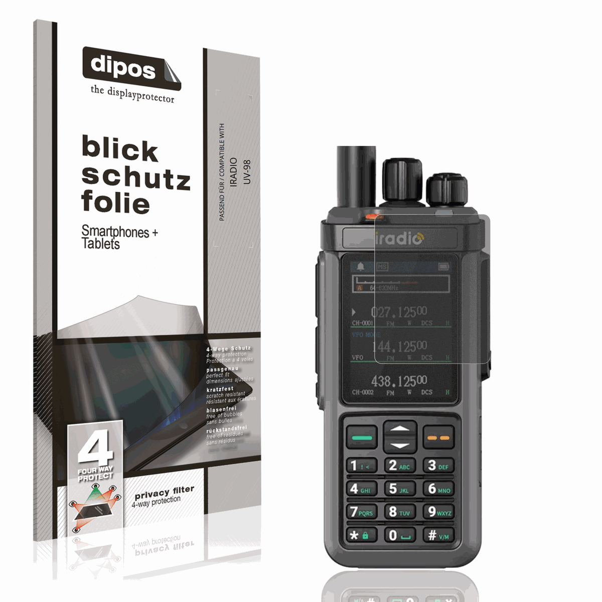 Blickschutzfolie von dipos passend für IRADIO UV-98, präziser Zuschnitt und blasenfrei montiert