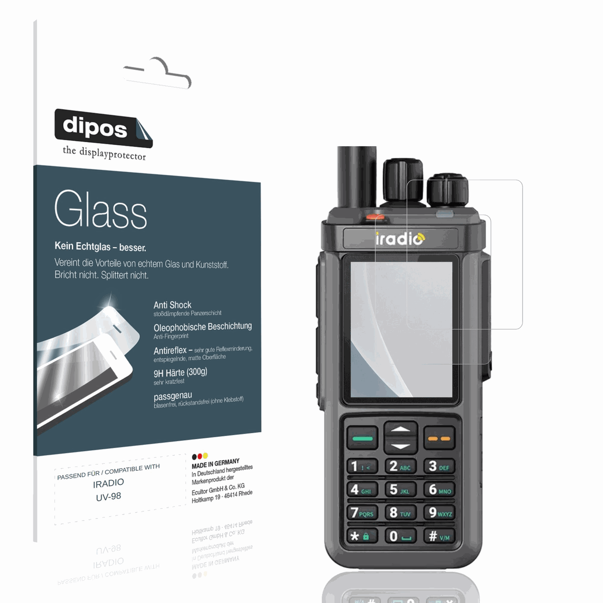 Matte Displayschutzfolie von dipos passend für IRADIO UV-98, 9H kratzfest und blasenfrei montiert