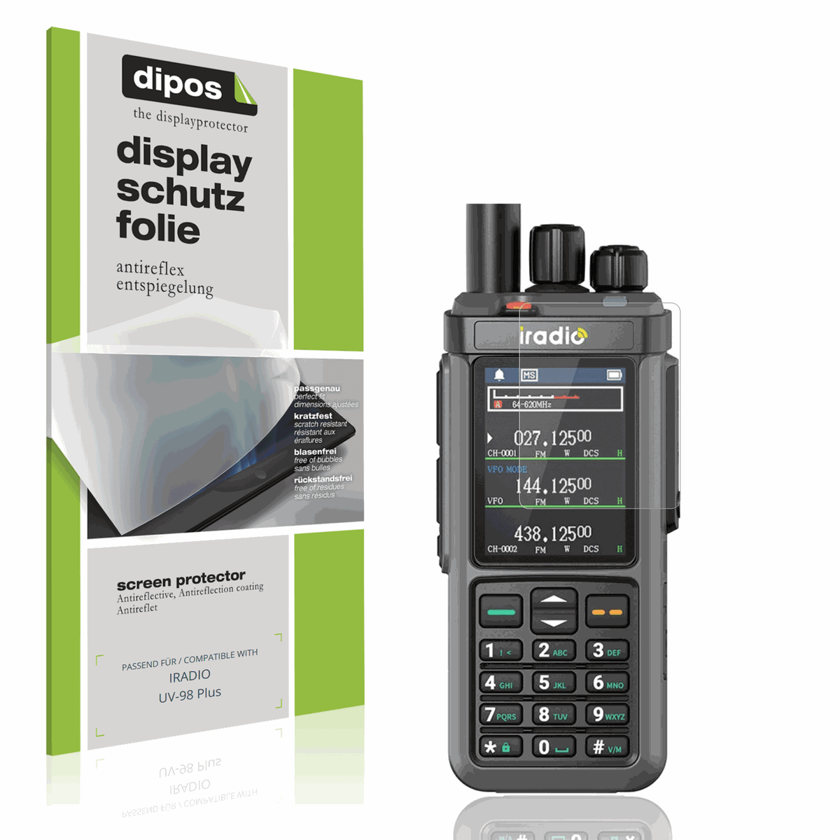 Matte Displayschutzfolie von dipos passend für IRADIO UV-98 Plus, präziser Zuschnitt und blasenfrei montiert