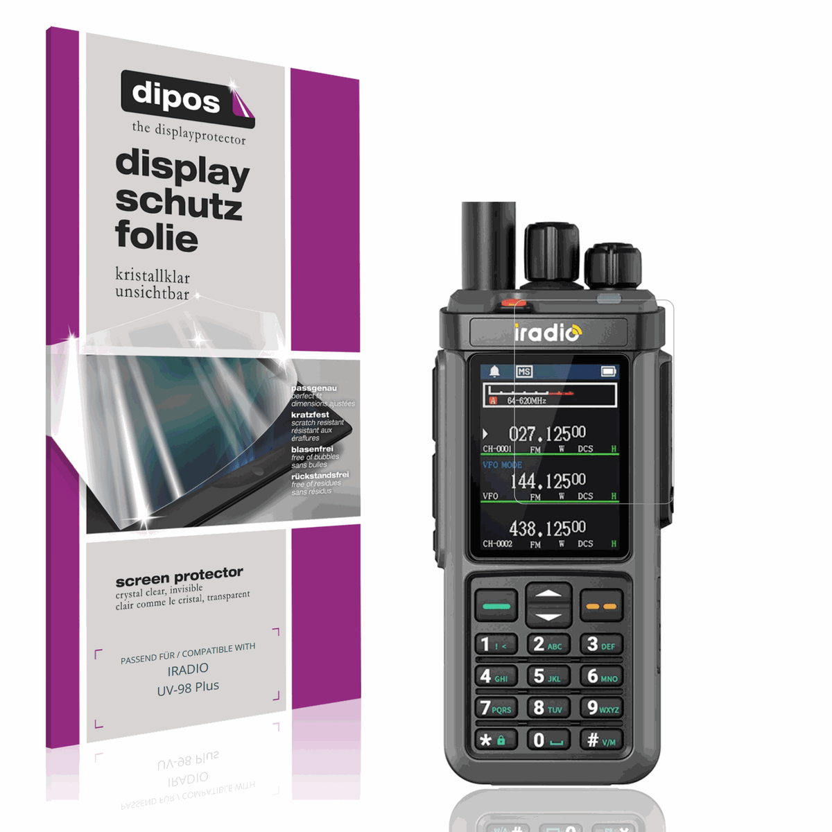 Klare Displayschutzfolie von dipos passend für IRADIO UV-98 Plus, präziser Zuschnitt und blasenfrei montiert
