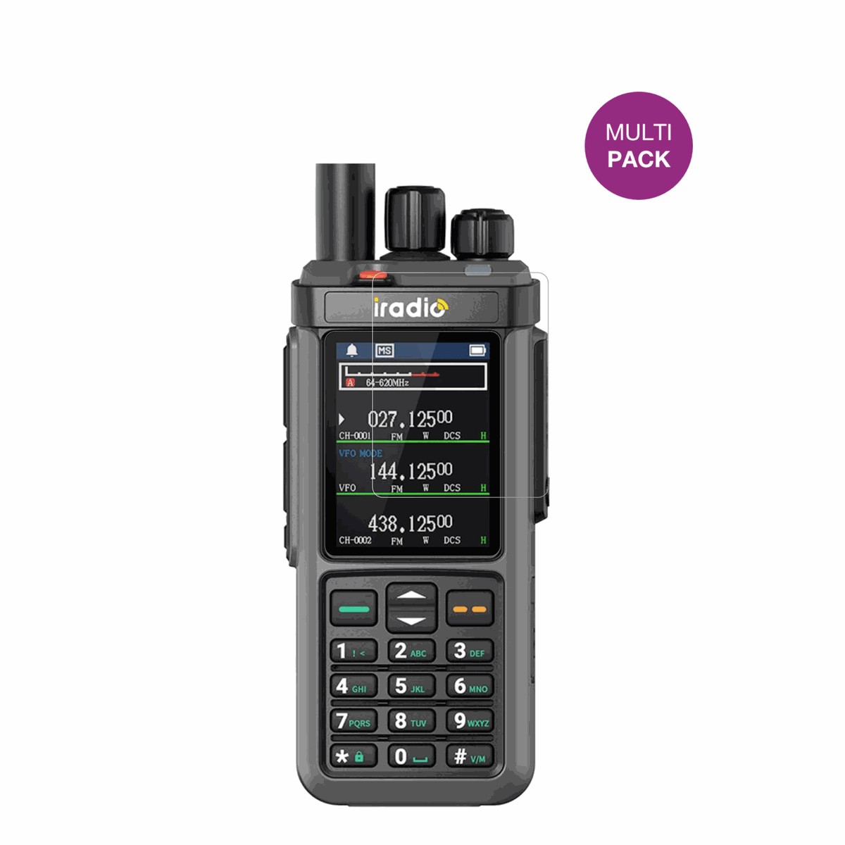 IRADIOUV-98 Plus mit aufgebrachter dipos Displayschutzfolie, glasklare Darstellung ohne Einschränkungen