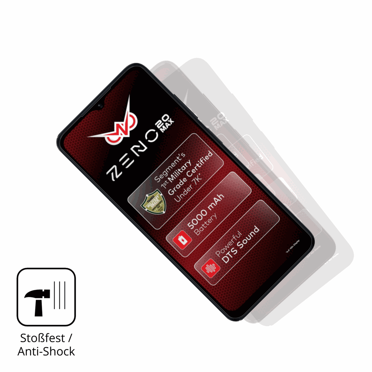 Schutz gegen Kratzer auf dem Itel Zeno 20 Max Glas durch Schlüssel, Stöße gegen die Tischkante oder Stürze