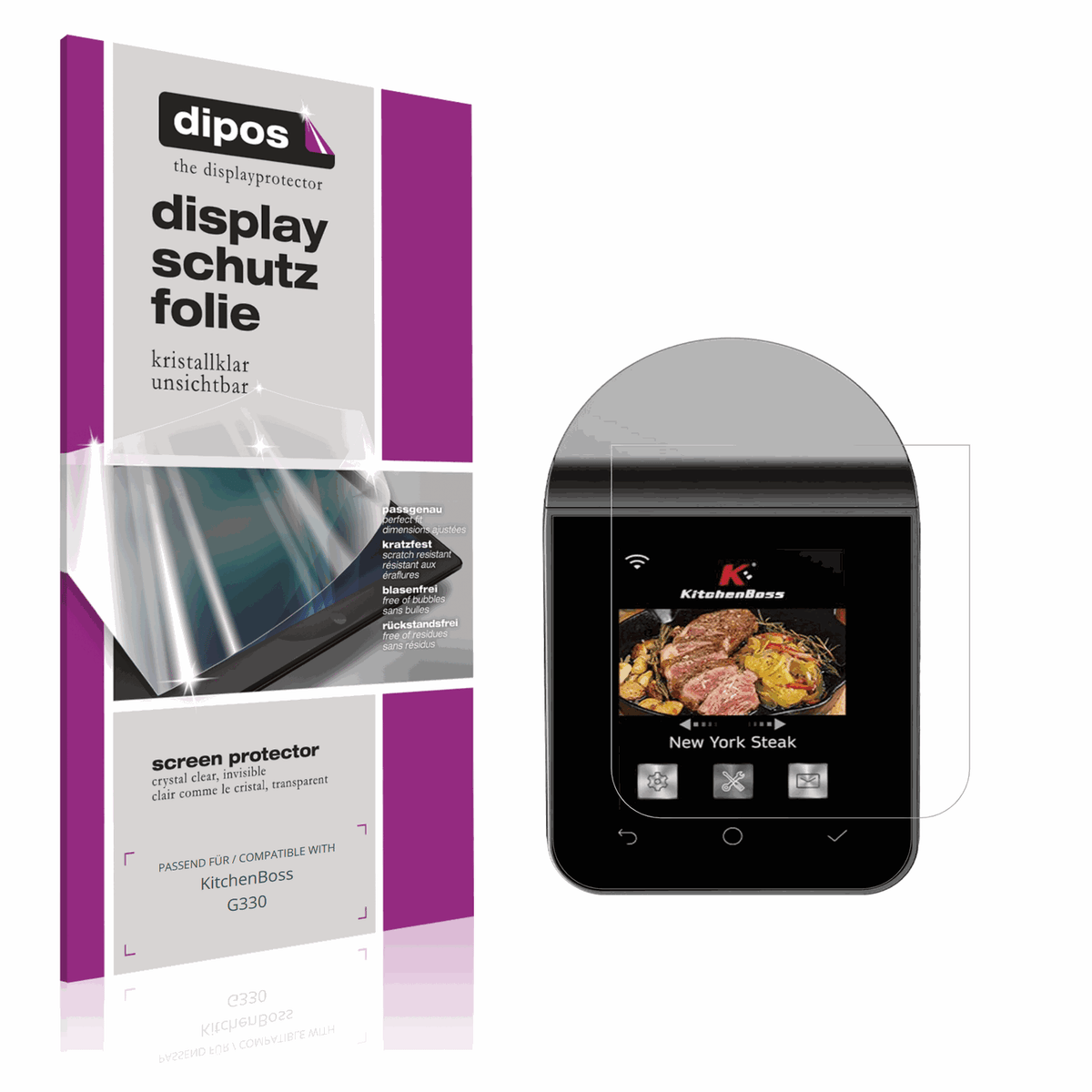 Klare Displayschutzfolie von dipos passend für KitchenBoss G330, präziser Zuschnitt und blasenfrei montiert