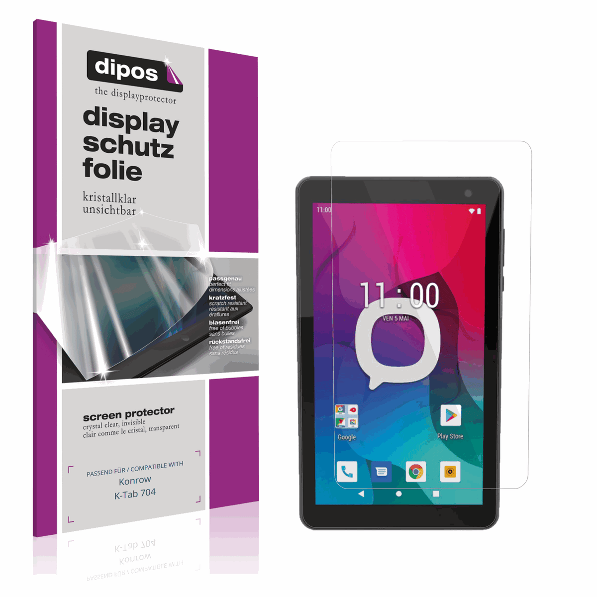 Klare Displayschutzfolie von dipos passend für Konrow K-Tab 704, präziser Zuschnitt und blasenfrei montiert