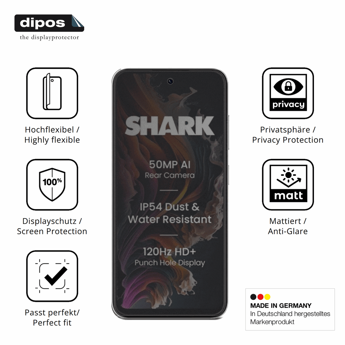 Flexible TPU-Folie passend zugeschnitten für Lava Shark 2, mit Privatsphäre-Schutz durch Sichtschutz-Folie
