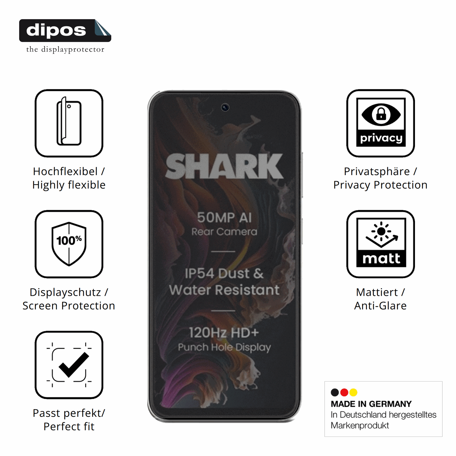 Flexible TPU-Folie passend zugeschnitten für Lava Shark 2, mit Privatsphäre-Schutz durch Sichtschutz-Folie