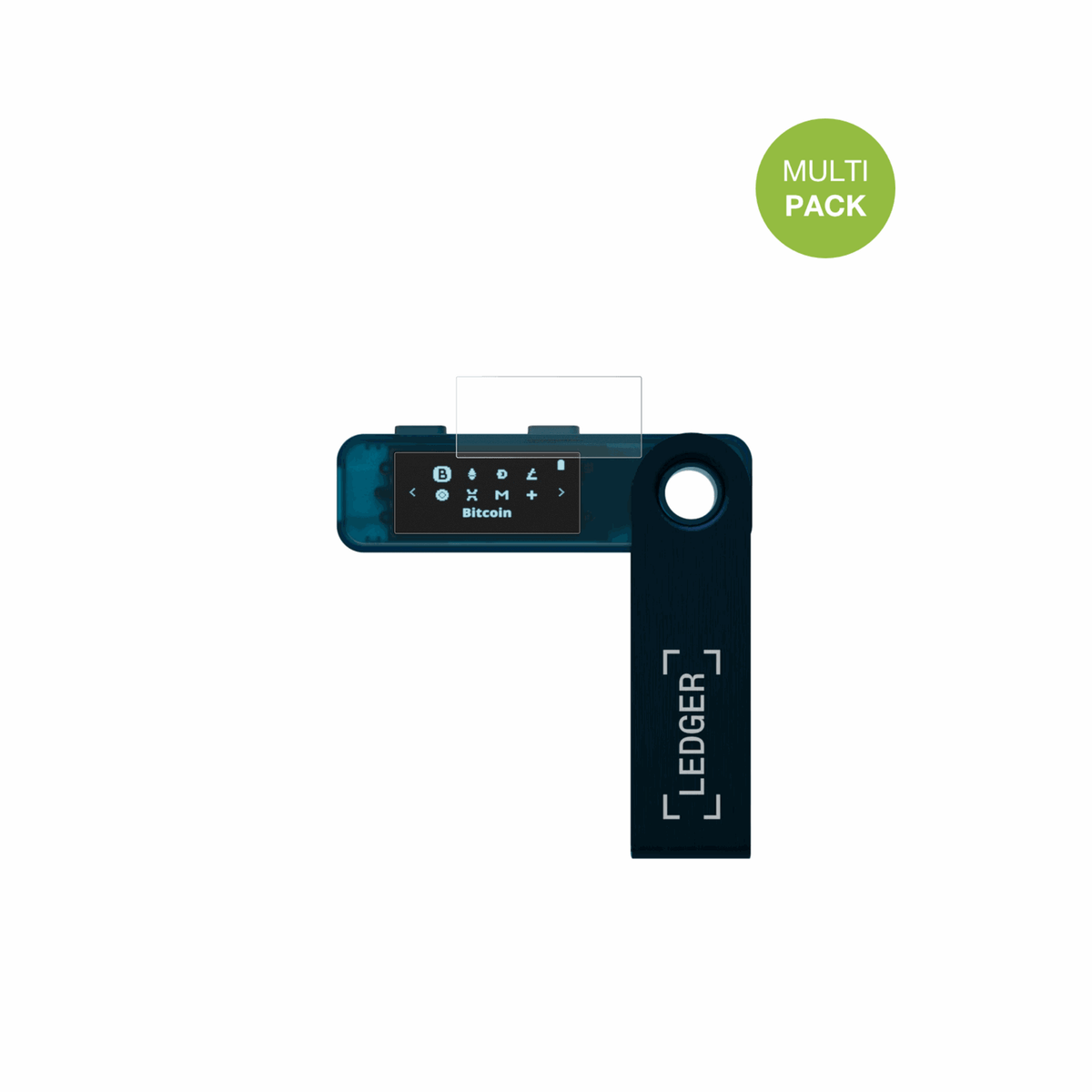 LedgerNano S Plus mit aufgebrachter dipos Displayschutzfolie, die lästige Fingerabdrücke minimiert