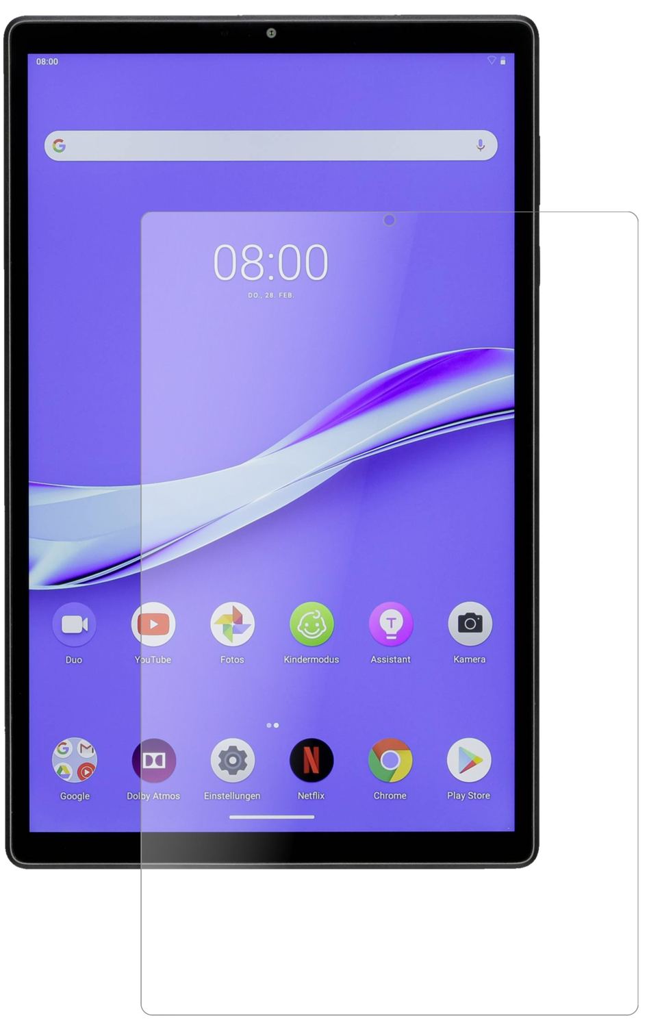 LenovoM10 Plus mit aufgebrachter dipos Panzerfolie, die lästige Fingerabdrücke minimiert