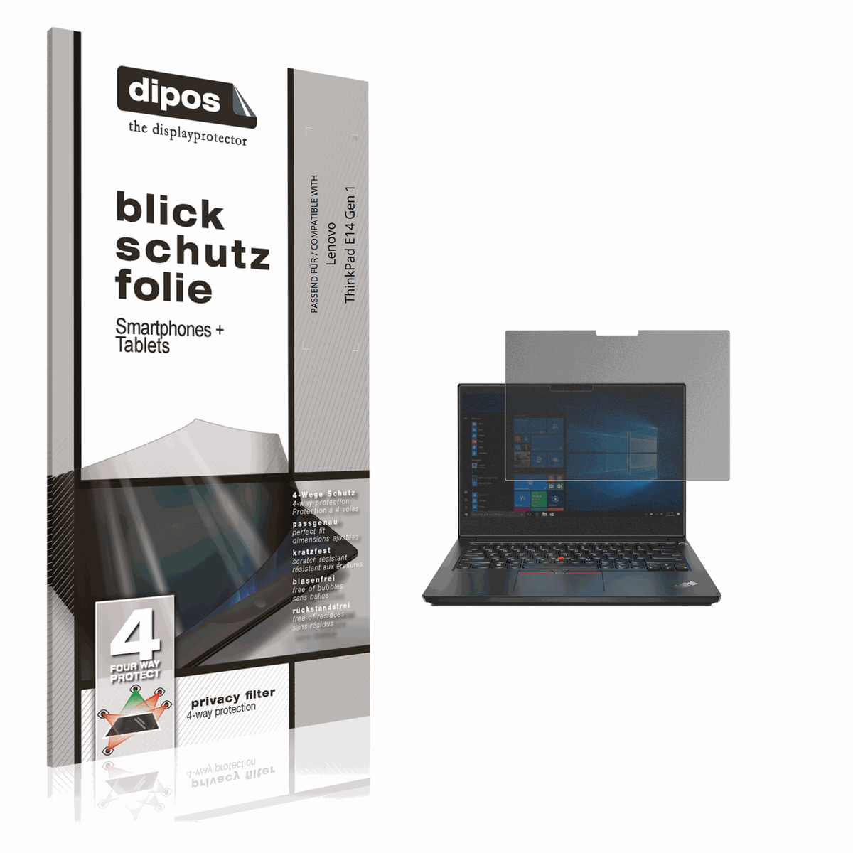 Blickschutzfolie von dipos passend für Lenovo ThinkPad E14 Gen 1, präziser Zuschnitt und blasenfrei montiert