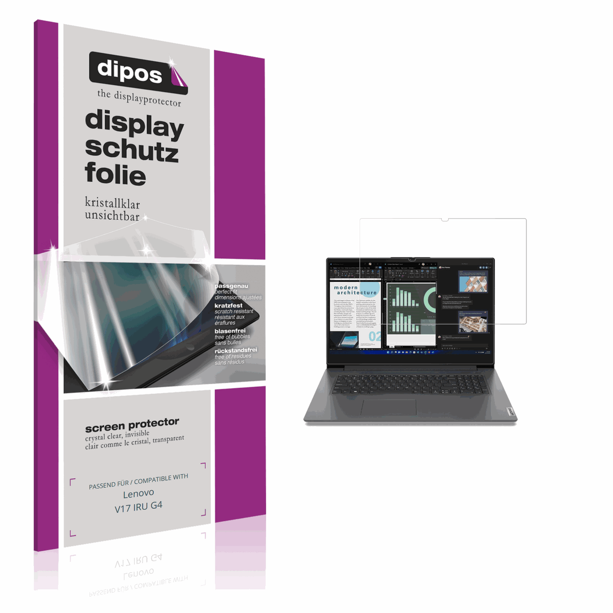 Klare Displayschutzfolie von dipos passend für Lenovo V17 IRU G4, präziser Zuschnitt und blasenfrei montiert