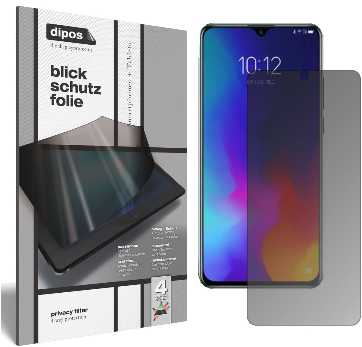 Blickschutzfolie von dipos passend für Lenovo K10 note, präziser Zuschnitt und blasenfrei montiert