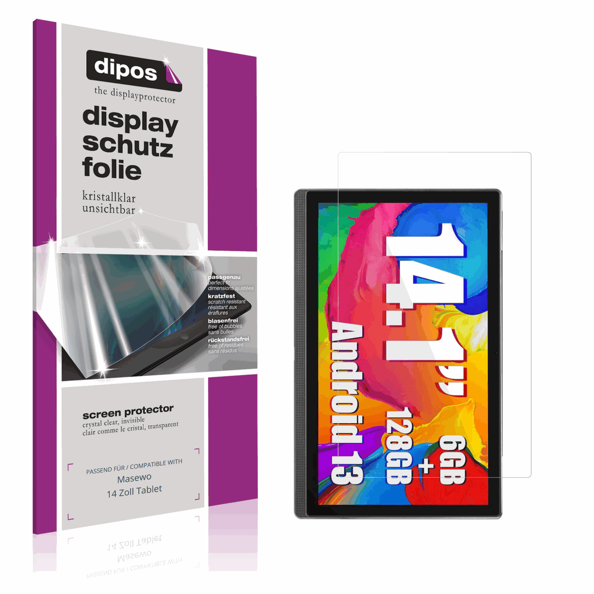 Klare Displayschutzfolie von dipos passend für Masewo 14 Zoll Tablet, präziser Zuschnitt und blasenfrei montiert