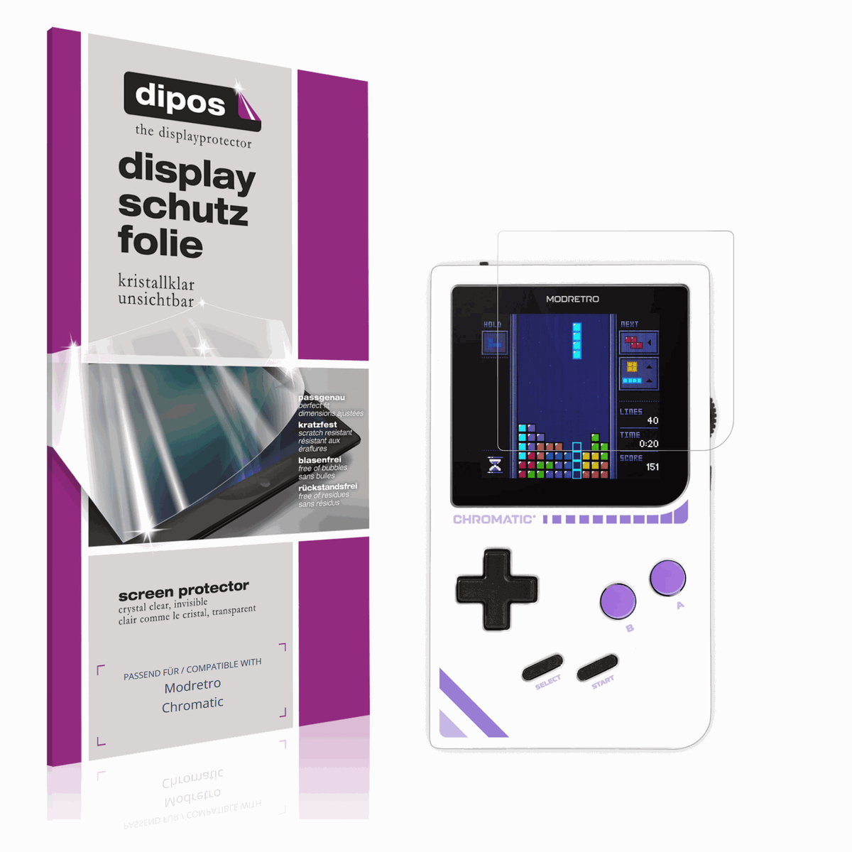 Klare Displayschutzfolie von dipos passend für Modretro Chromatic, präziser Zuschnitt und blasenfrei montiert