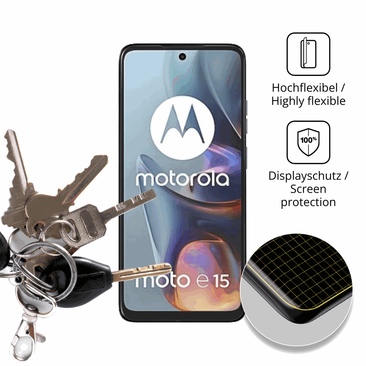 dipos Displayschutz für Motorola E15, transparente Oberfläche, perfekte Passform auch für die Rundungen