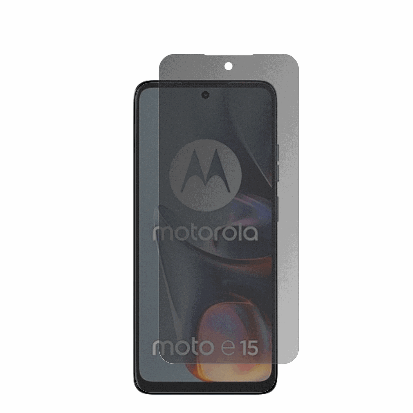 MotorolaE15 mit aufgebrachter dipos Flex Schutzfolie, die seitliche Einblicke blockiert