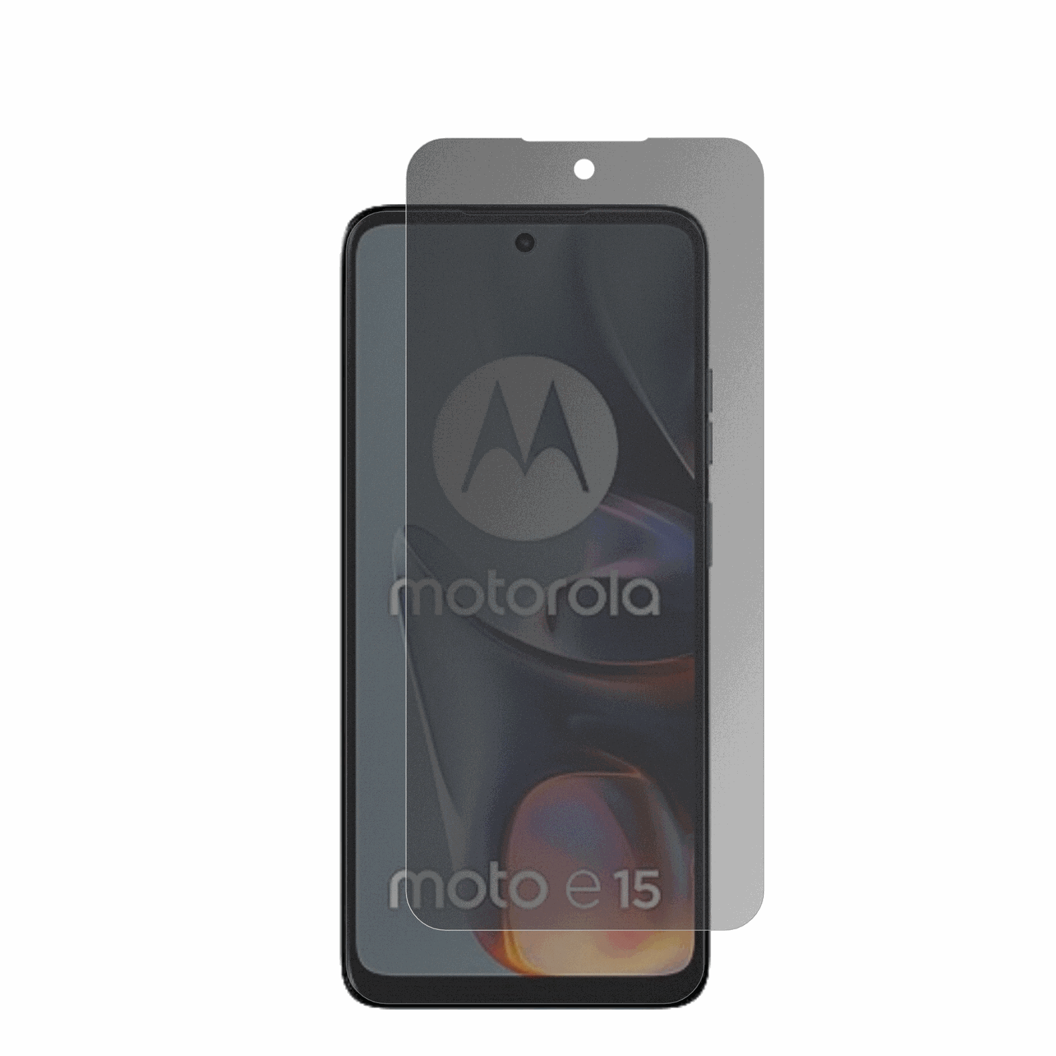 MotorolaE15 mit aufgebrachter dipos Flex Schutzfolie, die seitliche Einblicke blockiert