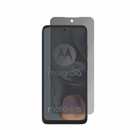MotorolaE15 mit aufgebrachter dipos Flex Schutzfolie, die seitliche Einblicke blockiert