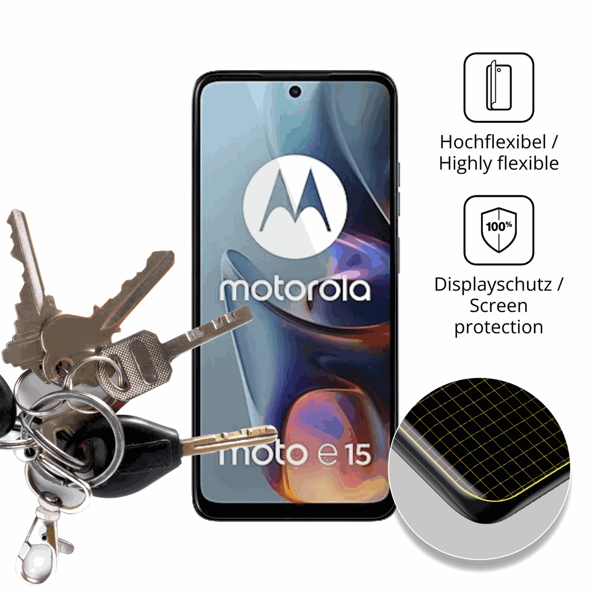 dipos Displayschutz für Motorola E15, transparente Oberfläche, geringe Dicke und perfekte Passform
