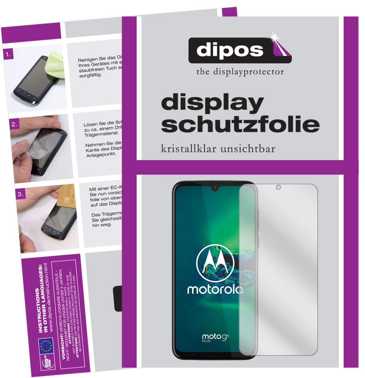 Klare Displayschutzfolie von dipos passend für Motorola Moto G8 Plus, präziser Zuschnitt und blasenfrei montiert