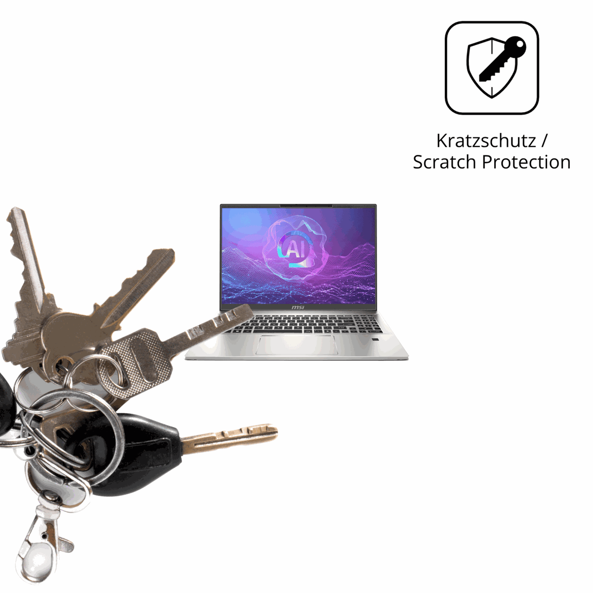 Schutz gegen Kratzer auf dem MSI Prestige A16 Ai Plus Glas durch Schlüssel oder Ähnliches