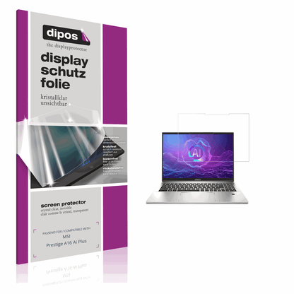 Klare Displayschutzfolie von dipos passend für MSI Prestige A16 Ai Plus, präziser Zuschnitt und blasenfrei montiert