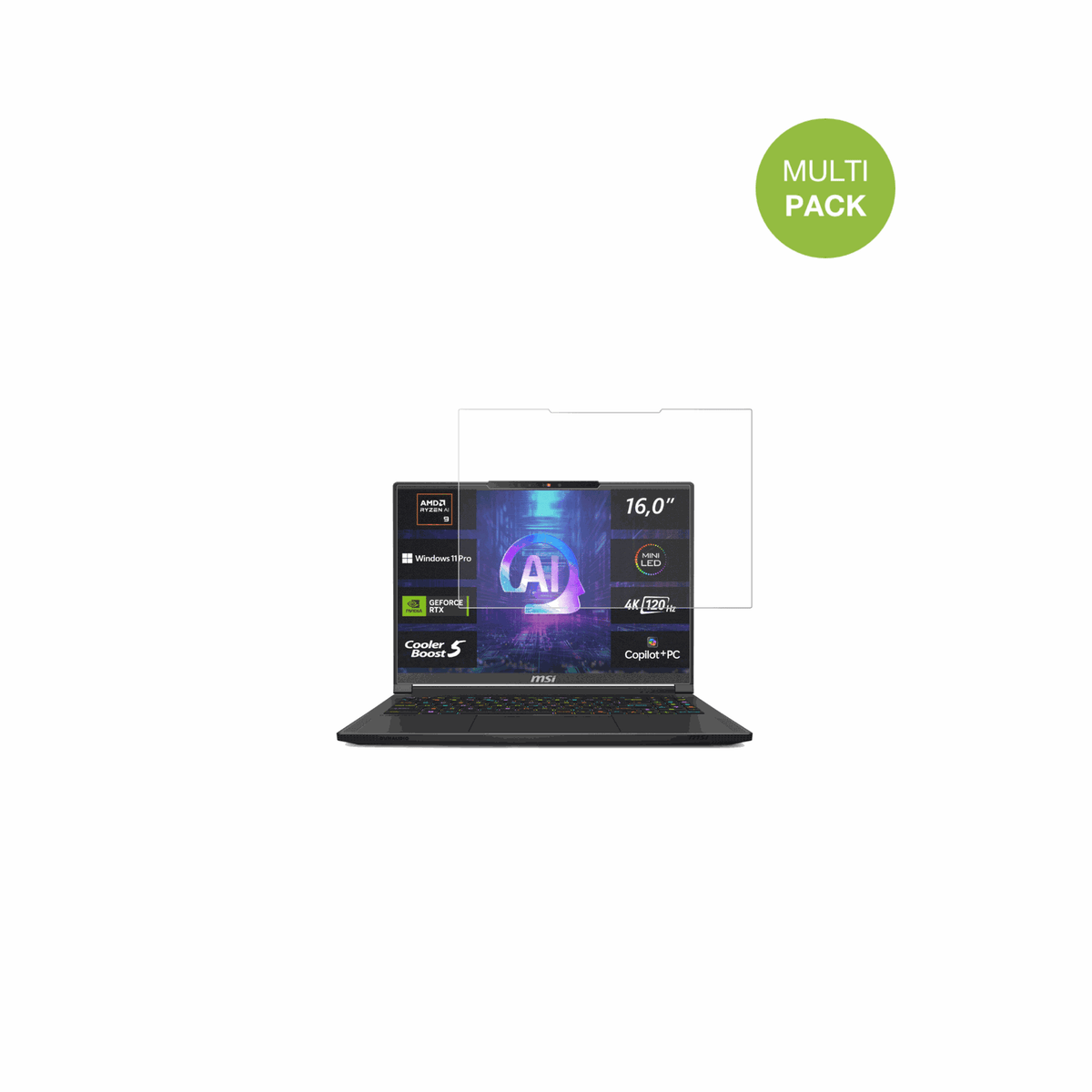 MSIStealth A16 AI plus mit aufgebrachter dipos Displayschutzfolie, die lästige Fingerabdrücke minimiert