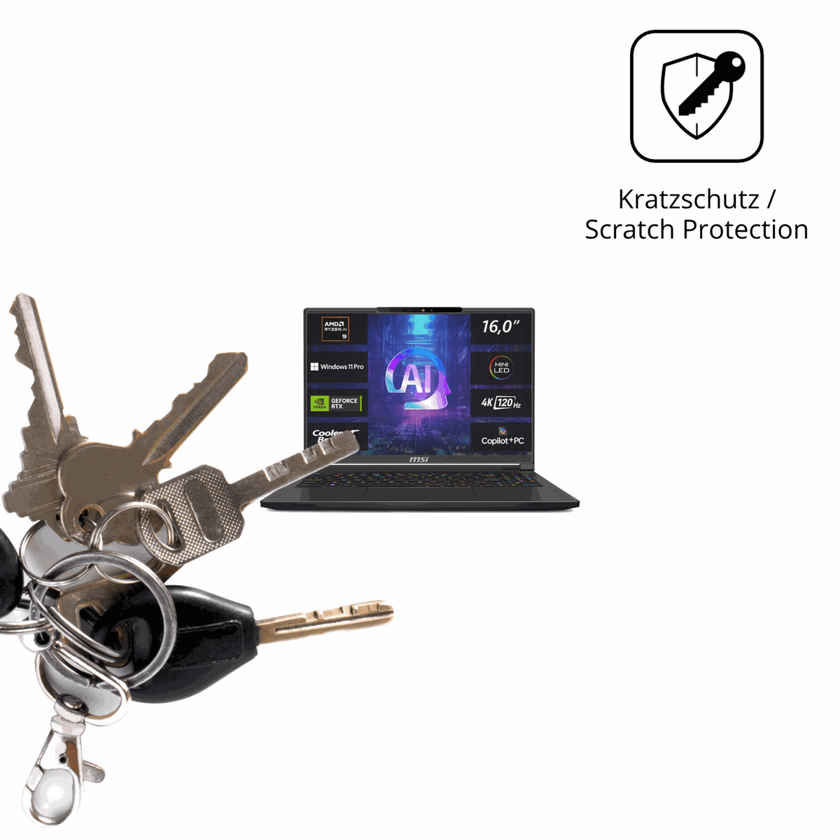 Schutz gegen Kratzer auf dem MSI Stealth A16 AI plus Glas durch Schlüssel oder Ähnliches