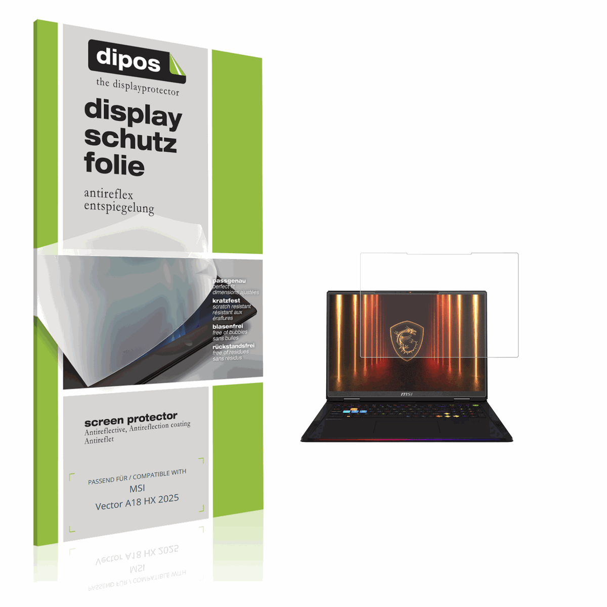 Matte Displayschutzfolie von dipos passend für MSI Vector A18 HX 2025, präziser Zuschnitt und blasenfrei montiert
