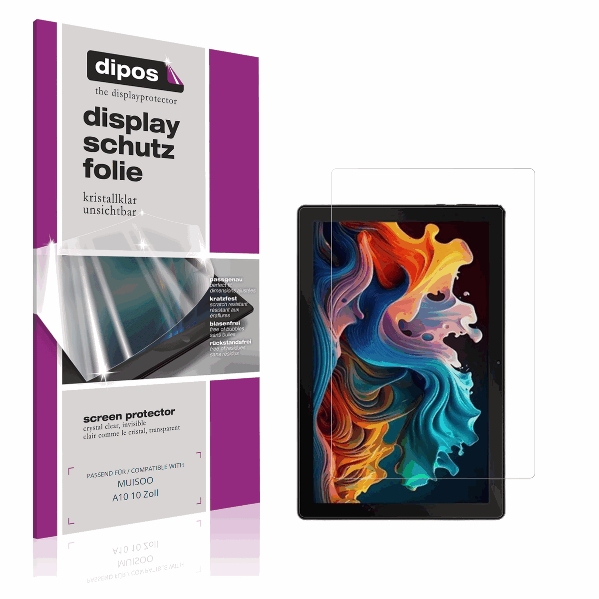 Klare Displayschutzfolie von dipos passend für MUISOO A10 10 Zoll, präziser Zuschnitt und blasenfrei montiert
