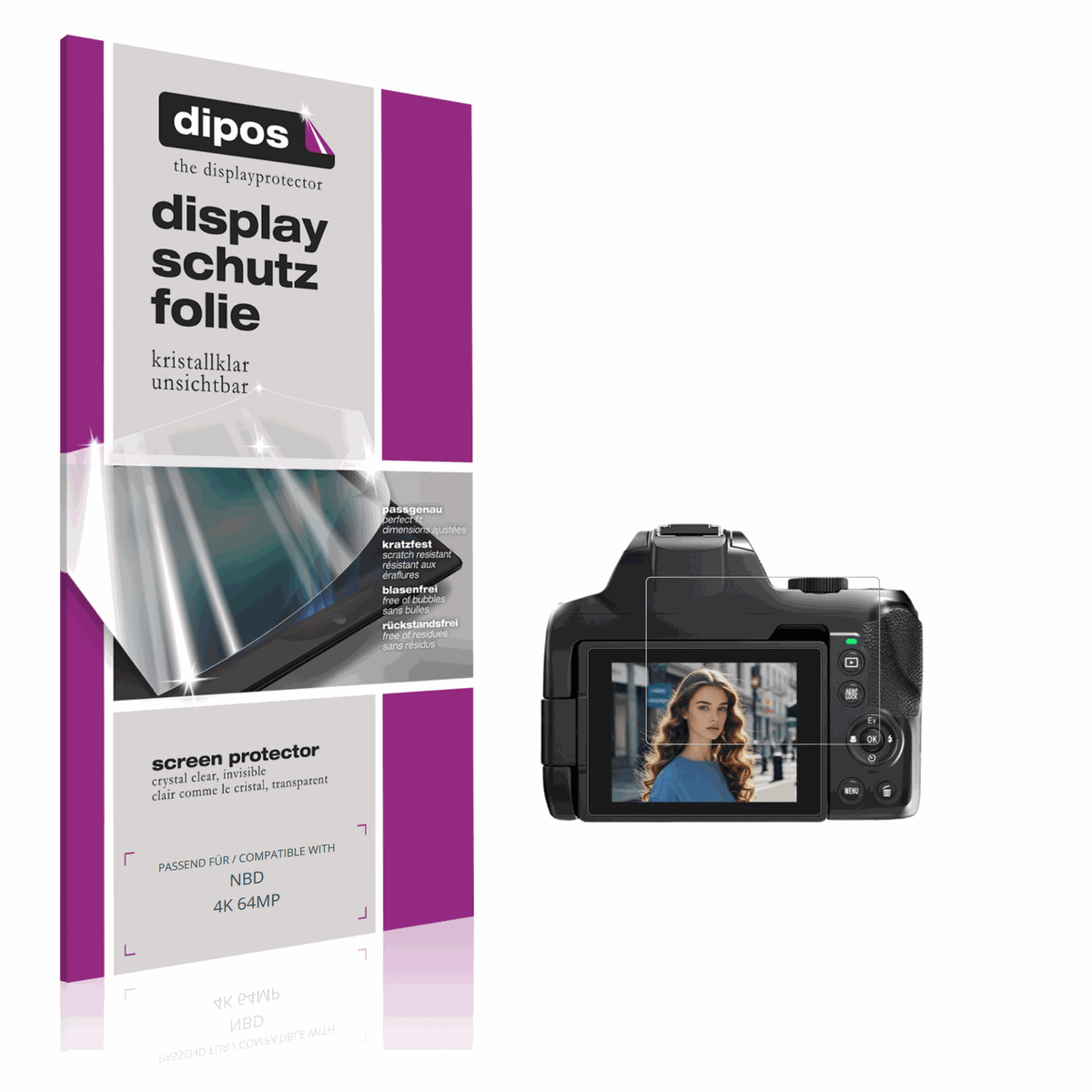 Klare Displayschutzfolie von dipos passend für NBD 4K 64MP, präziser Zuschnitt und blasenfrei montiert
