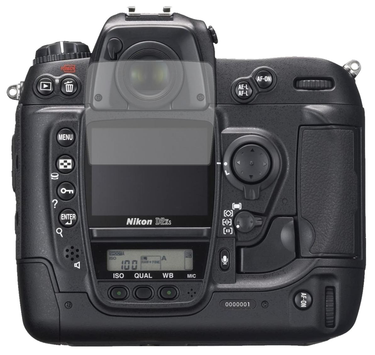 NikonD2H mit aufgebrachter dipos Displayschutzfolie, die lästige Fingerabdrücke minimiert
