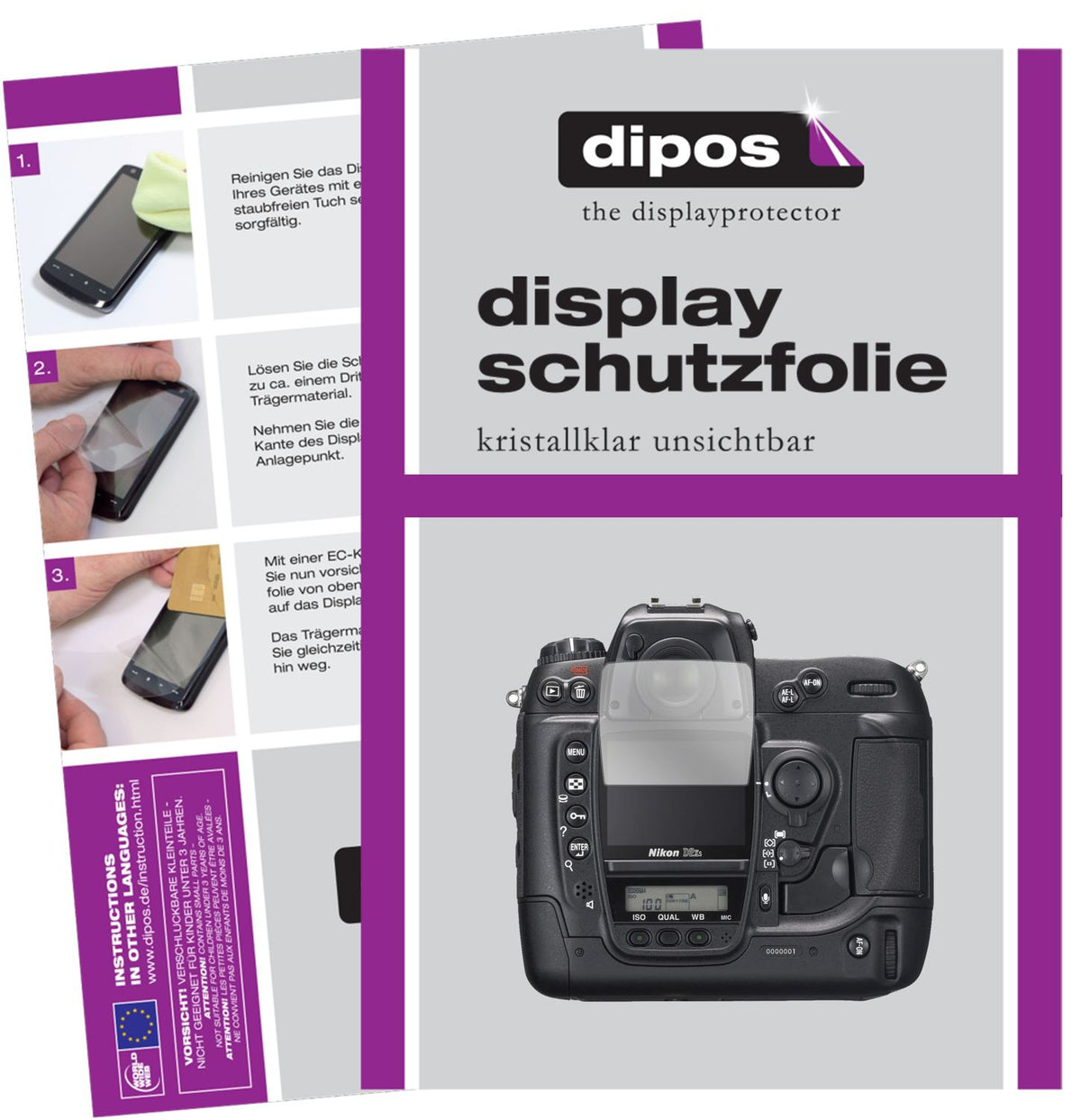 Klare Displayschutzfolie von dipos passend für Nikon D2H, präziser Zuschnitt und blasenfrei montiert