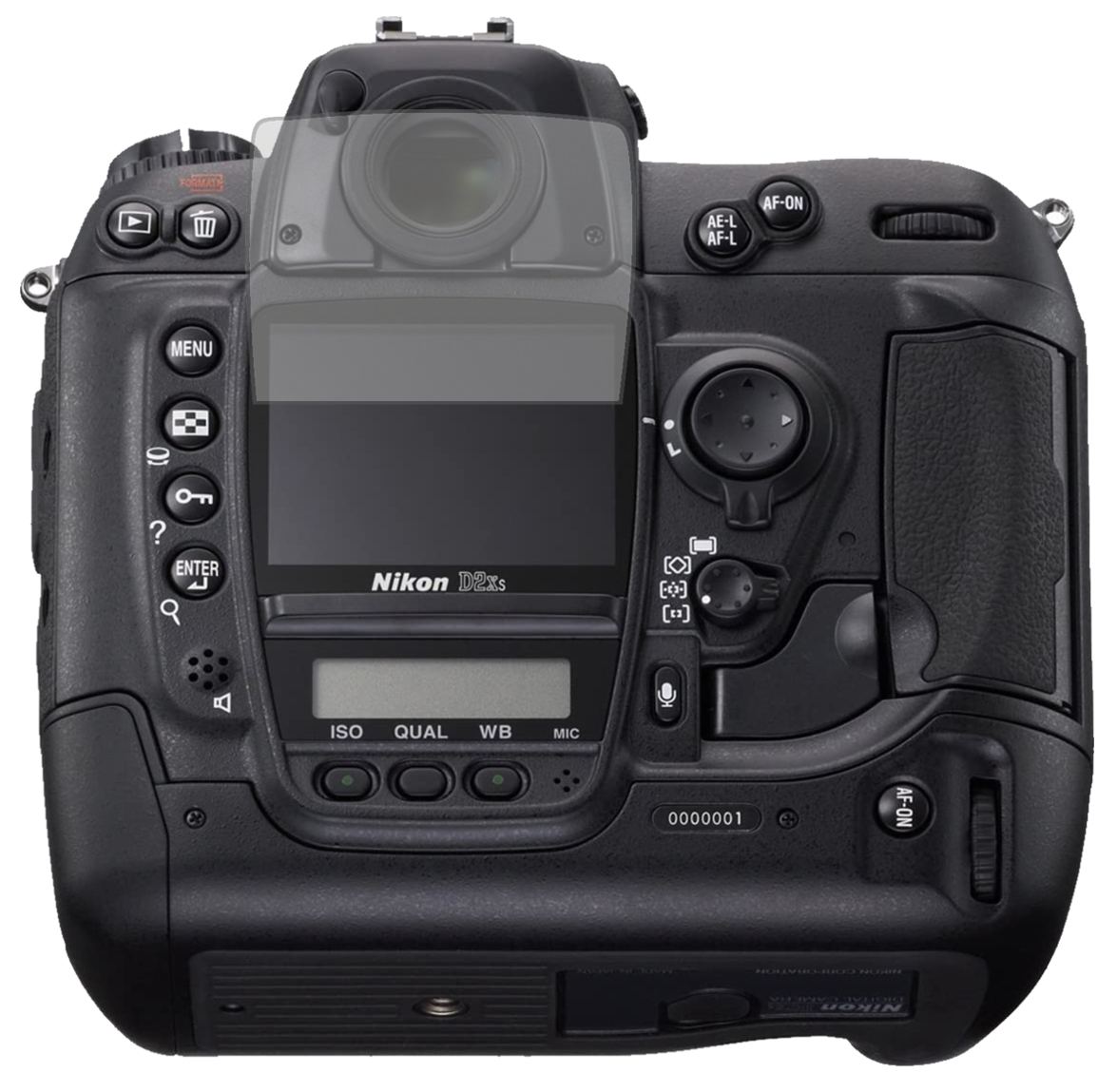 NikonD2X mit aufgebrachter dipos Displayschutzfolie, die lästige Fingerabdrücke minimiert