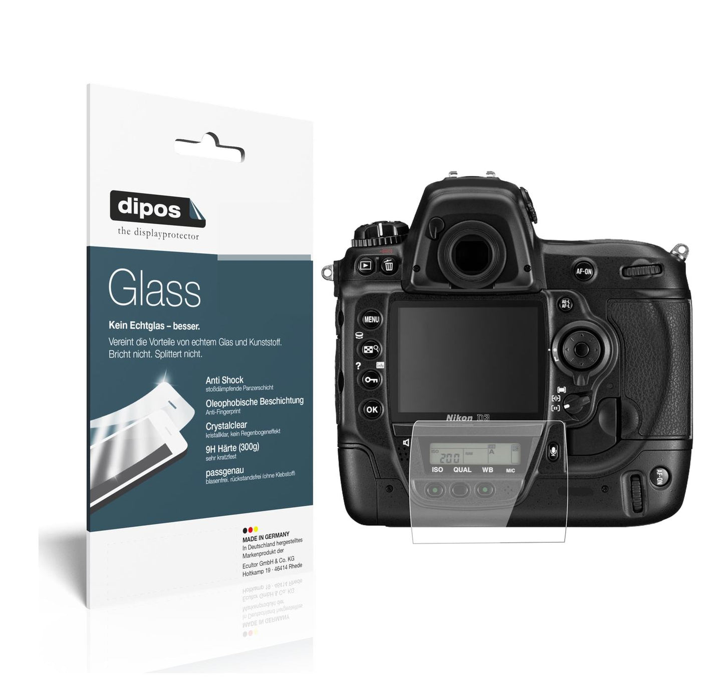 Klare Displayschutzfolie von dipos passend für Nikon D3, 9H kratzfest und blasenfrei montiert