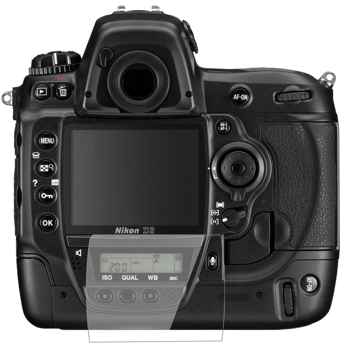 NikonD3 mit aufgebrachter dipos Flex Schutzfolie, glasklare Darstellung ohne Einschränkungen