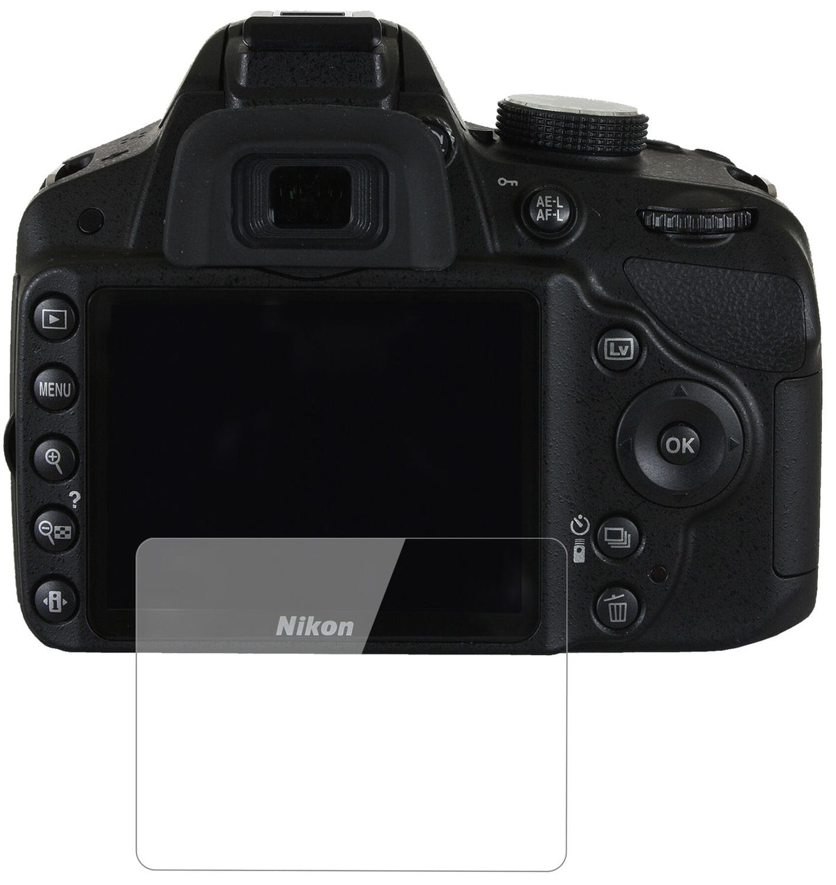 NikonD3200 mit aufgebrachter dipos Flex Schutzfolie, glasklare Darstellung ohne Einschränkungen