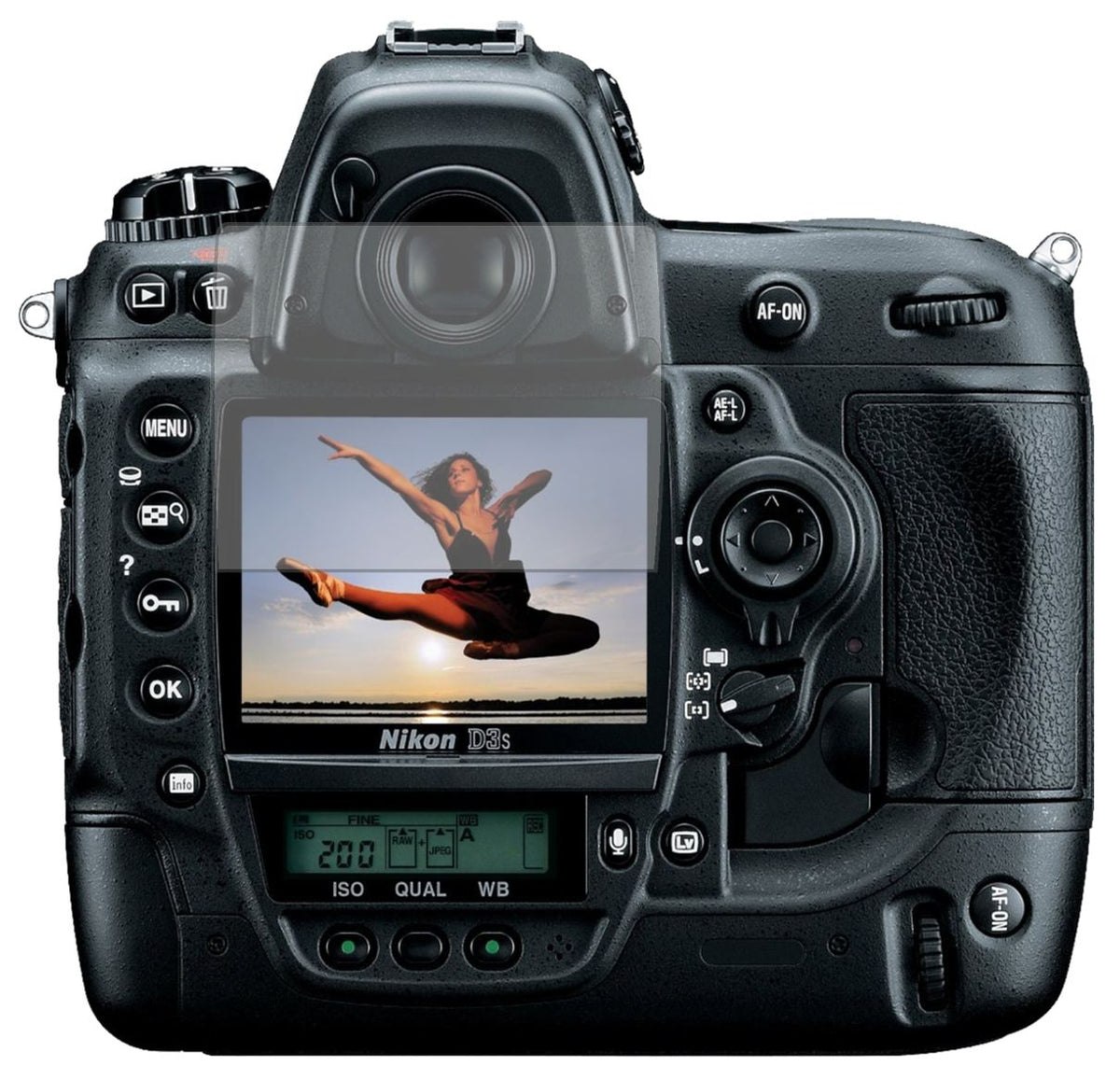 NikonD3S mit aufgebrachter dipos Displayschutzfolie, die lästige Fingerabdrücke minimiert