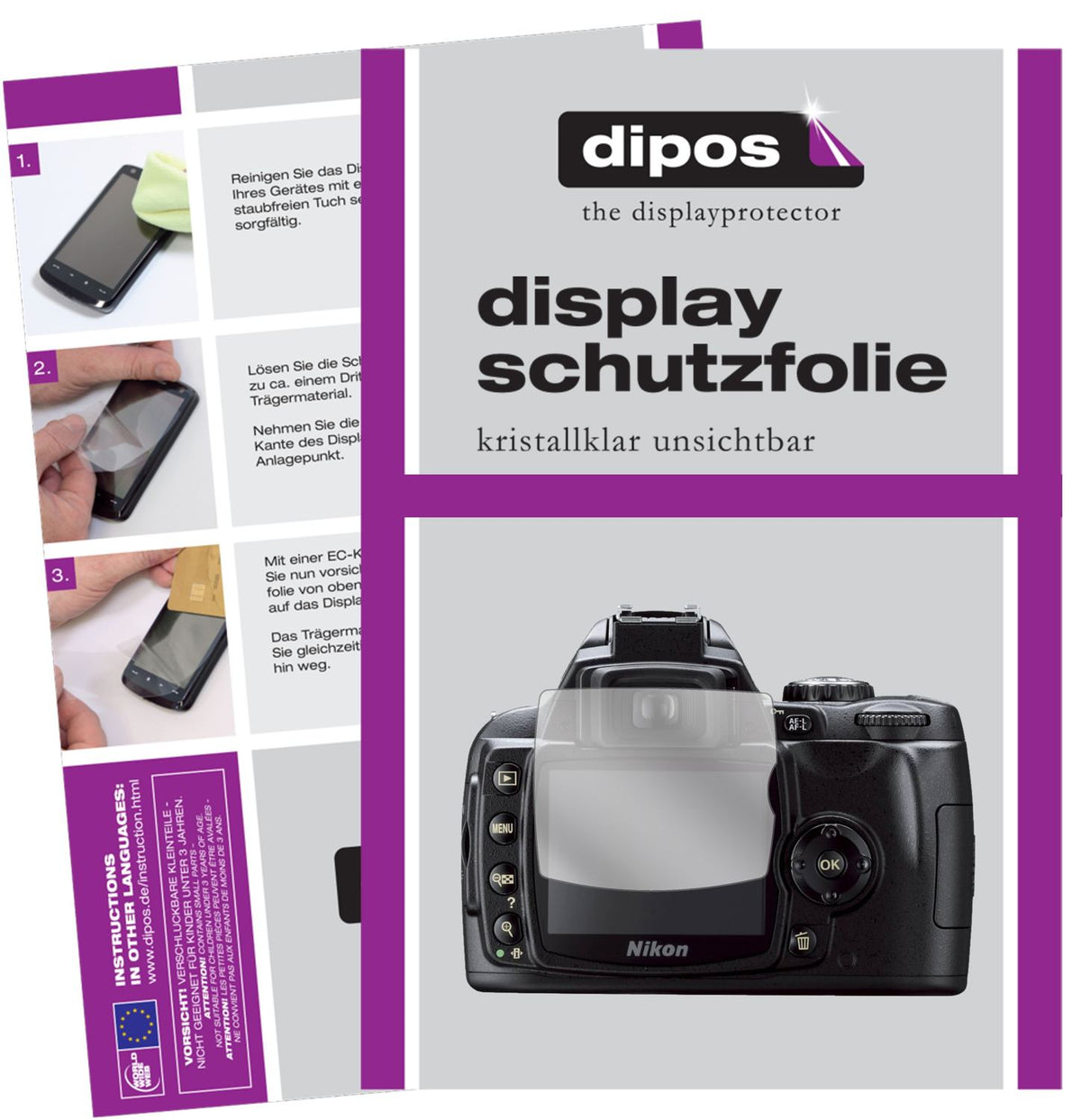 Klare Displayschutzfolie von dipos passend für Nikon D40x, präziser Zuschnitt und blasenfrei montiert