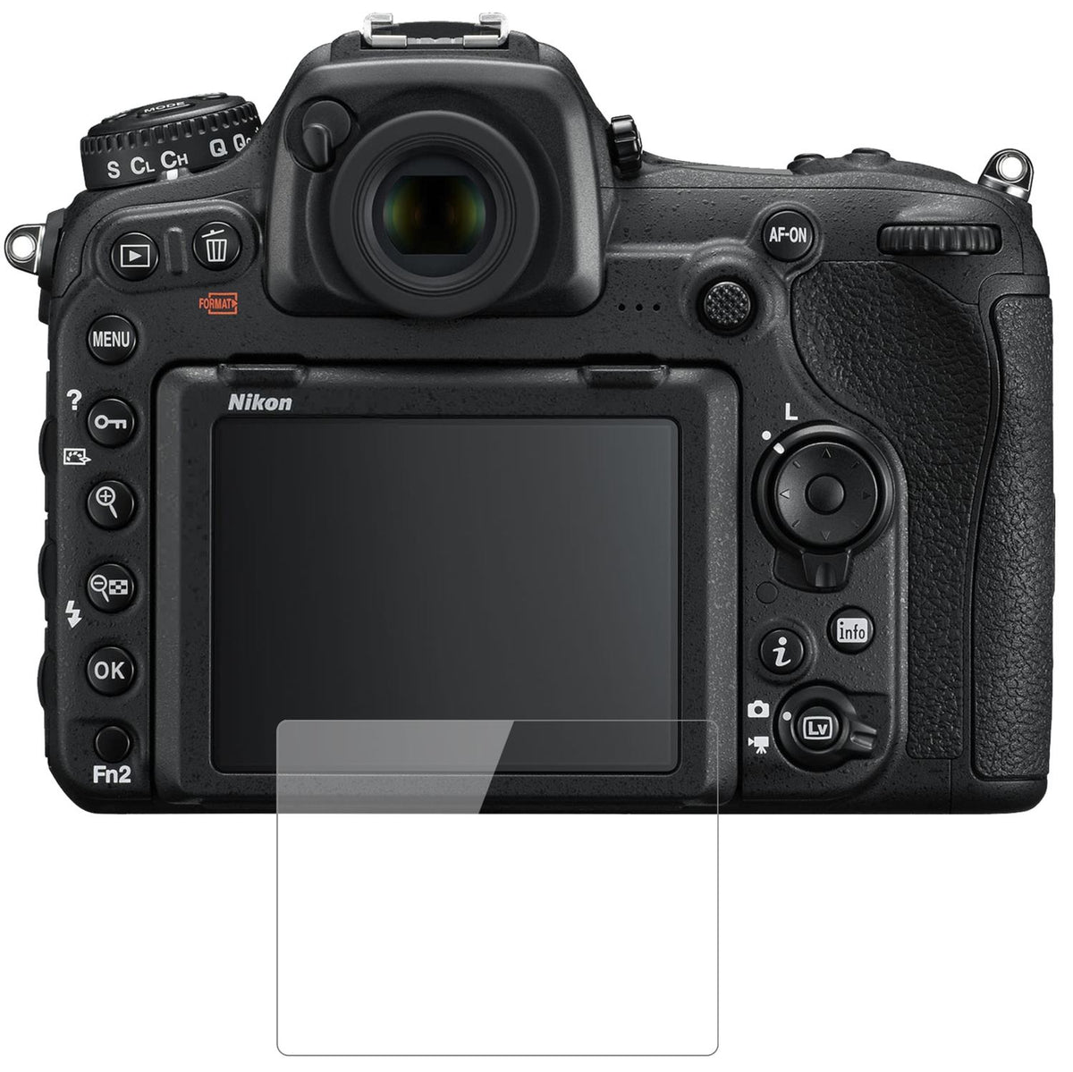 NikonD500 mit aufgebrachter dipos Flex Schutzfolie, glasklare Darstellung ohne Einschränkungen