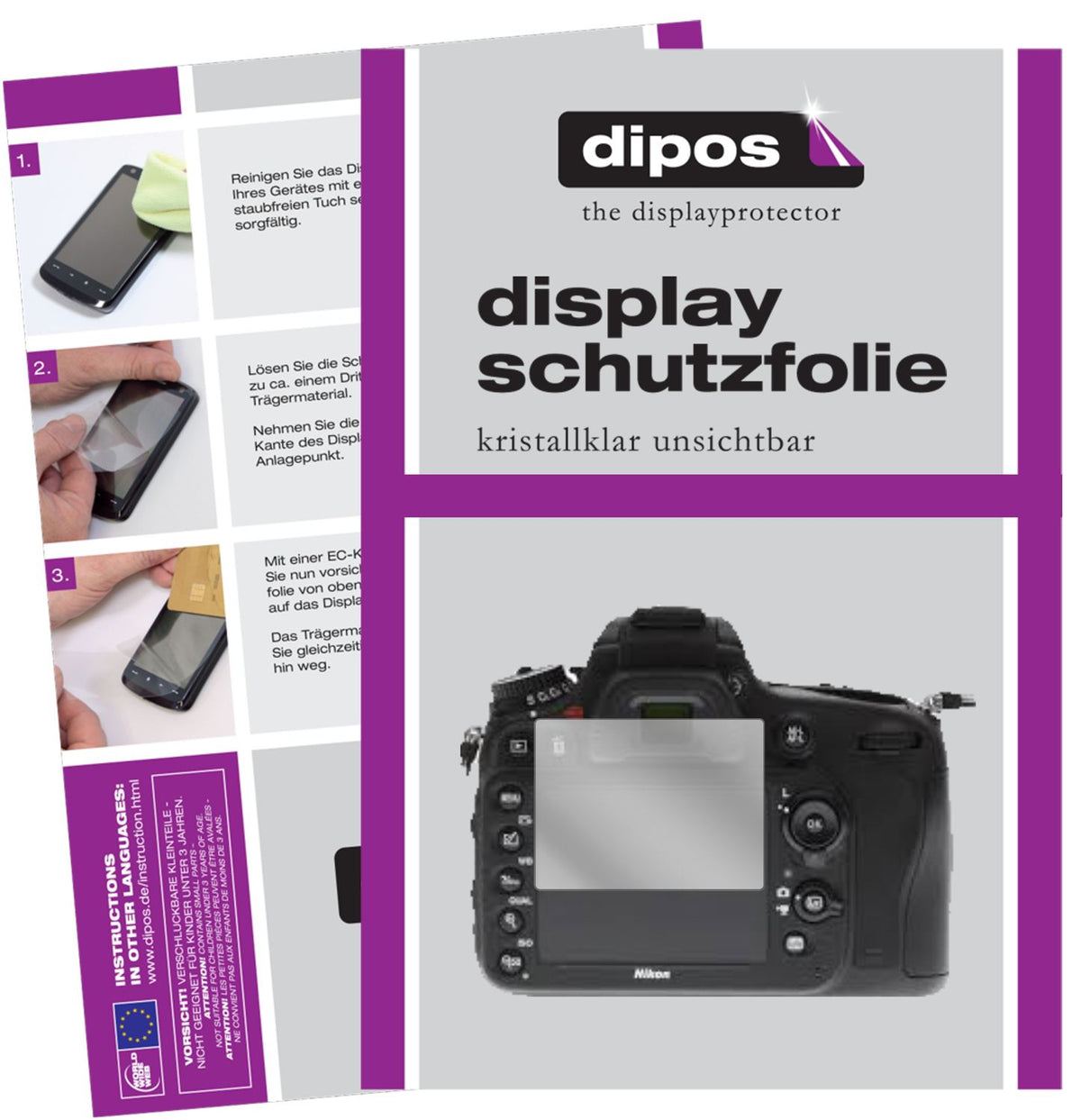 Klare Displayschutzfolie von dipos passend für Nikon D610, präziser Zuschnitt und blasenfrei montiert
