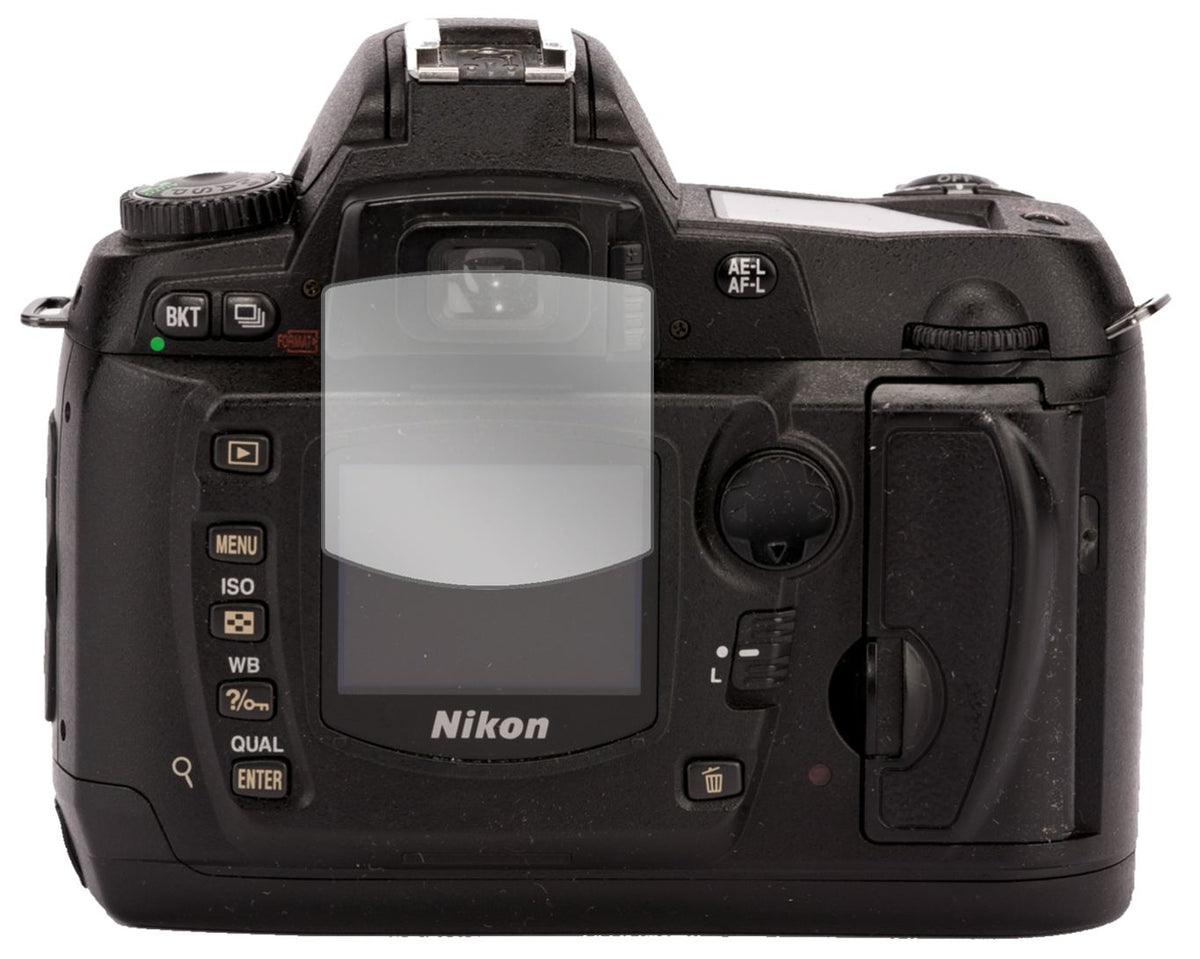 NikonD70 mit aufgebrachter dipos Displayschutzfolie, glasklare Darstellung ohne Einschränkungen