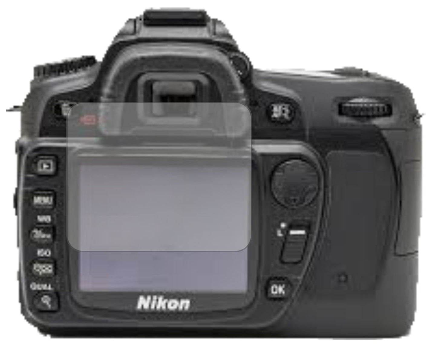 NikonD80 mit aufgebrachter dipos Displayschutzfolie, die lästige Fingerabdrücke minimiert